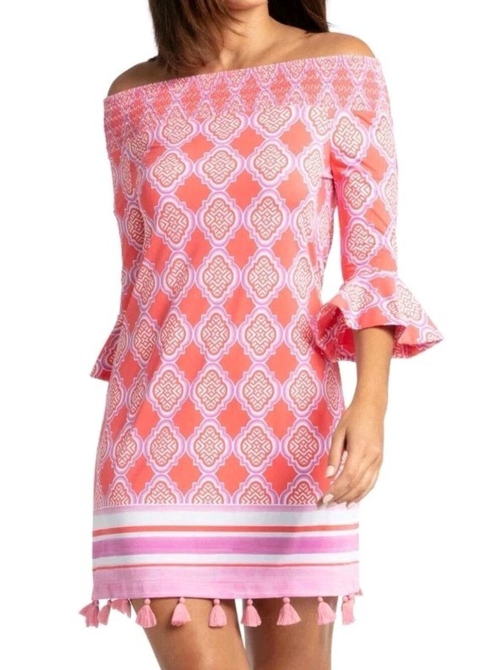 CABANA LIFE Coral Geo Coverluxe Smocked Off Shoulder Mini Dress Tassel LARGE New